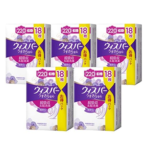 【まとめ買い】 うすさら安心 女性用 吸水ケア 220CC 特に多い時も1枚で安心 ナプキン型尿ケアパッド 18枚入り 35CM 大容量パック (多い量の尿モレ用) × 5個