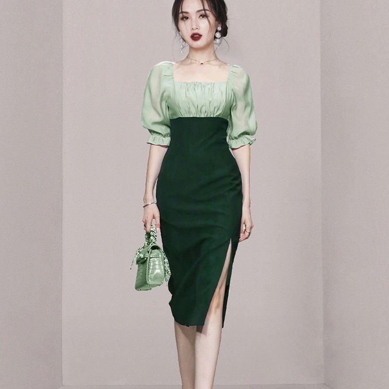 新しい色とりどりの気質四角い襟バブル袖スリム痩せて見える軽い贅沢流行通勤ワンピース