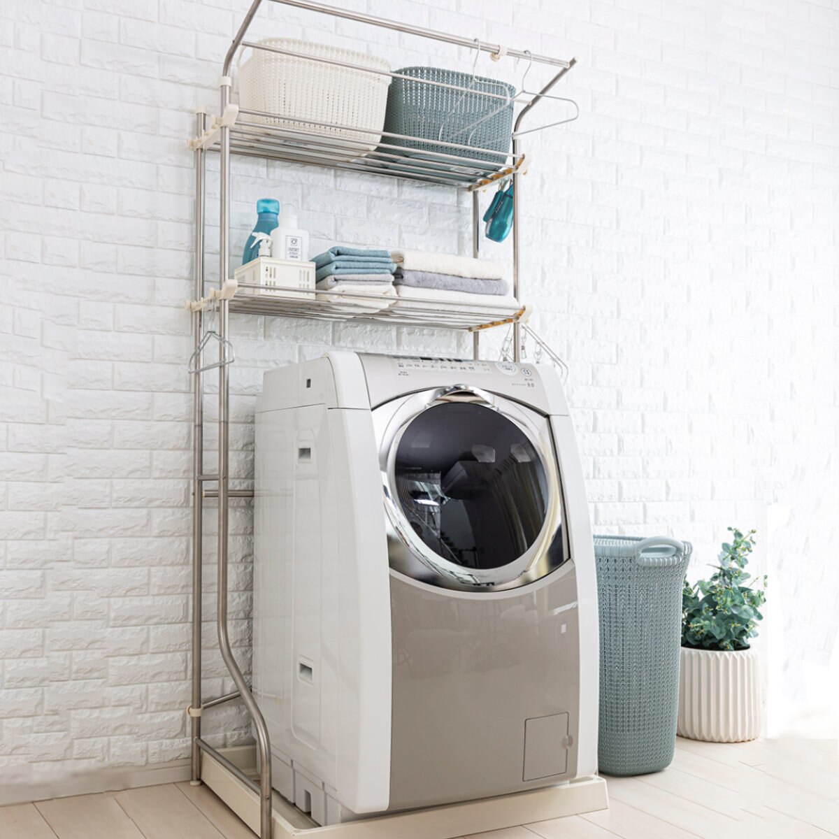 洗濯機 ラック スライド棚2段ハンガーバー付 ランドリーラック ランドリー 洗濯機ラック 2段 2 スリム 収納 ランドリー収納 棚 すき間収納 隙間収納 洗濯機棚 洗面所収納