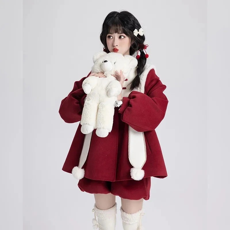 3個以上で3oo円OFFクリスマススーツ女性の冬の新作赤いバックルコートのつぼみパンツ