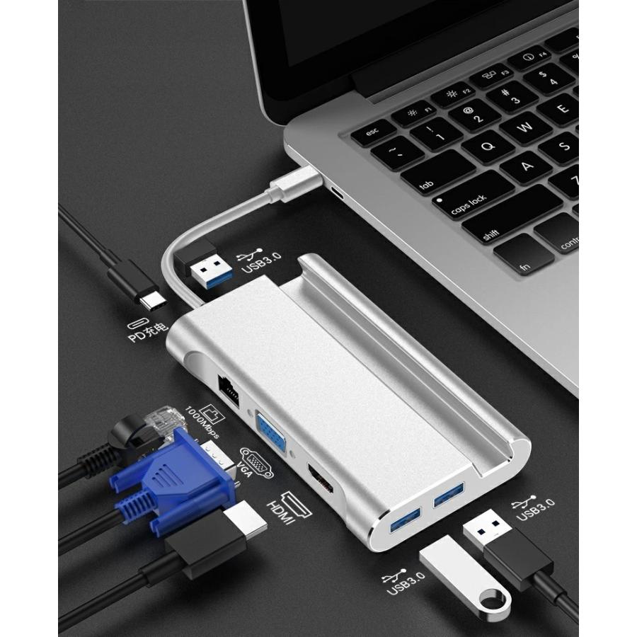 タイプＣ Type-C USB ハブ Hub 高速USB 3.0ポート USB-C 充電ポート VGA HDMI 有線LAN スタンド アルミニウム合金 コンパクト 多機能