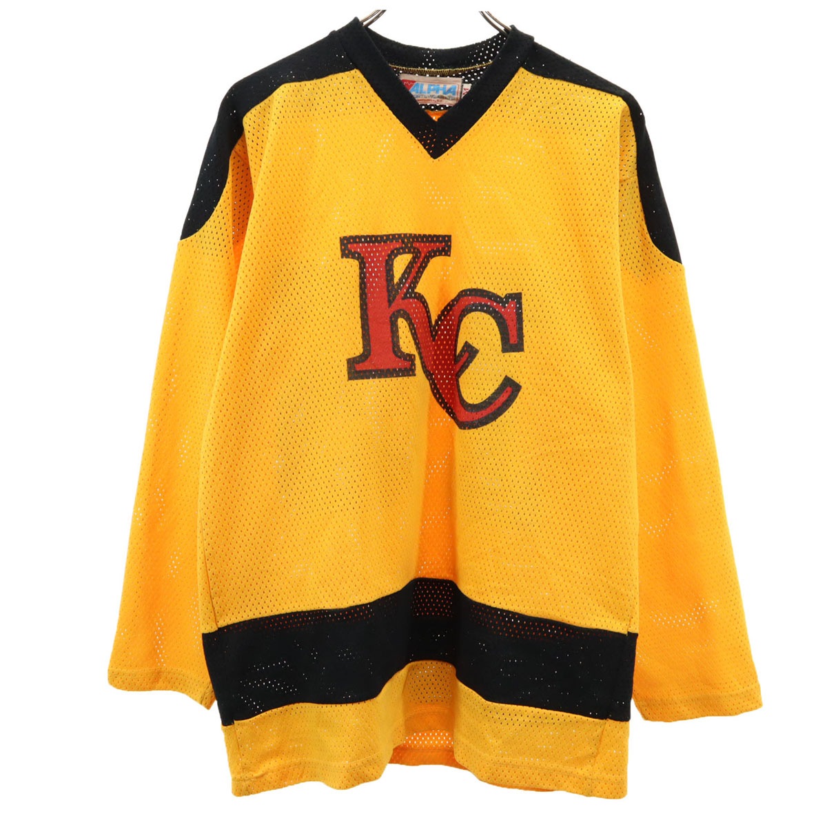 80s 90s オールド 長袖 メッシュ ユニフォーム シャツ M イエロー アイスホッケー メンズ 古着