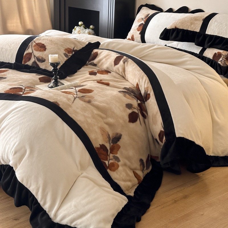 フランス風の冬用厚手ミルクフリース寝具4点セットウサギの毛皮の布団カバーベッドシーツ珊瑚フリースの裏地南通寝具