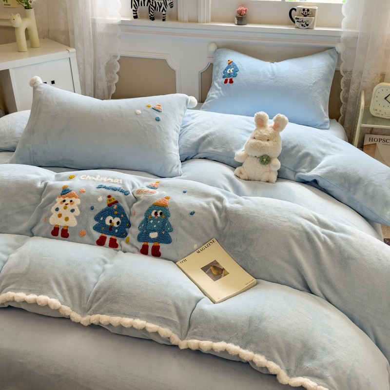 冬用厚手ミルクフリース寝具セット（4点）漫画ポンポンエッジ付きミルクコーラルフリース布団カバー（3点）寮用