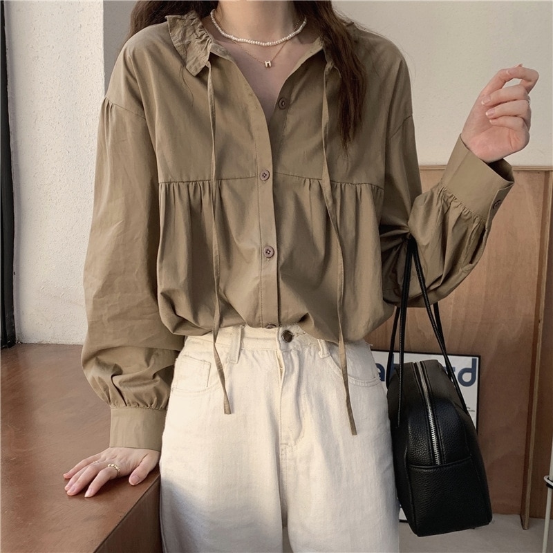 トップス シャツ ブラウス 長袖 襟付き 前開き ポリエステル 薄手 大人可愛い シンプル カジュアル 大人 おしゃれ レトロ 無地 春 秋 レディース お出かけ 女子会 休日 旅行 普段使い