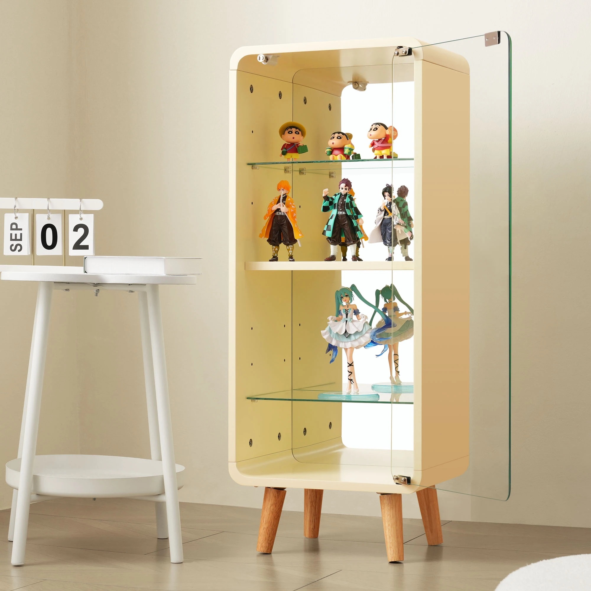 【安心保証】コレクションケース コレクションシェルフ ガラスディスプレイキャビネット4段 高さ調節可能 フィギュア 収納 背面ミラー 強化ガラス棚 サイズ：幅36*奥行26*高さ89CM ベージュ