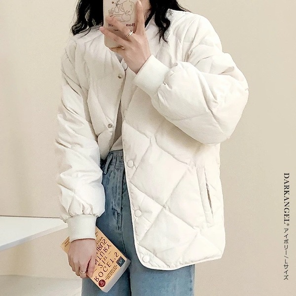 キルティングノーカラージャケットアイボリー　タグ付き未使用品 Qoo10 ダークエンジェル キルティングジャケット 無地 ミドル ポ