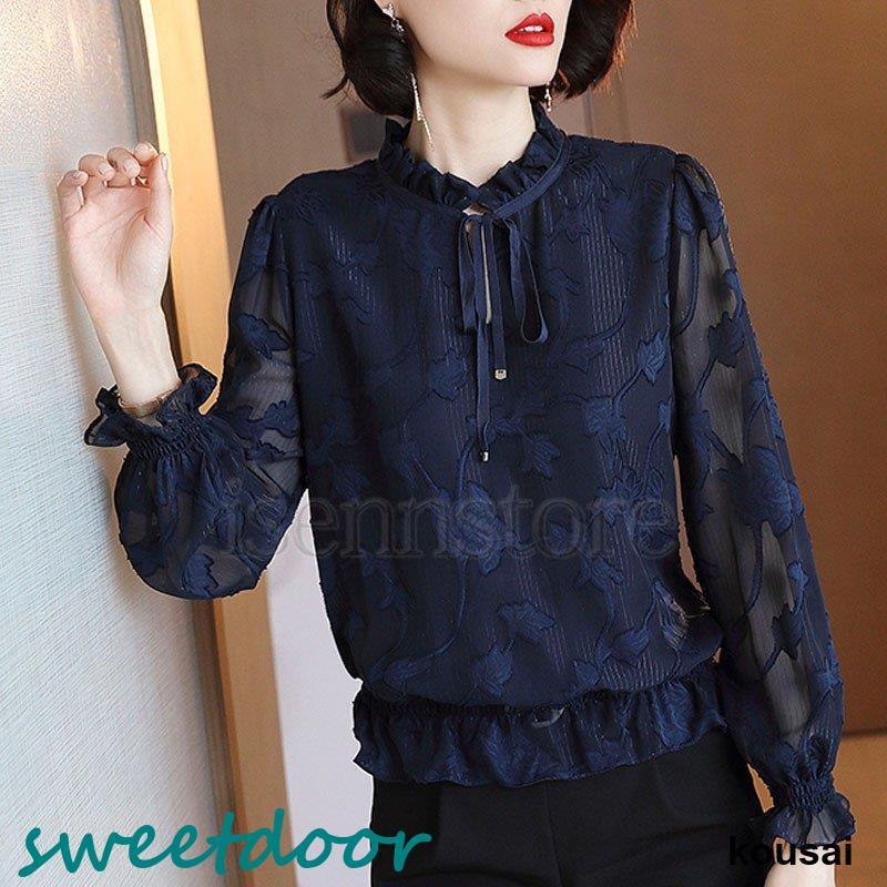 ブラウス レディース トップス シフォンシャツ 花柄 レース 刺繍 長袖 フリル襟 シースルー 透け感 秋服 大人 30代 40代 50代 きれいめ 結婚式 パーディー