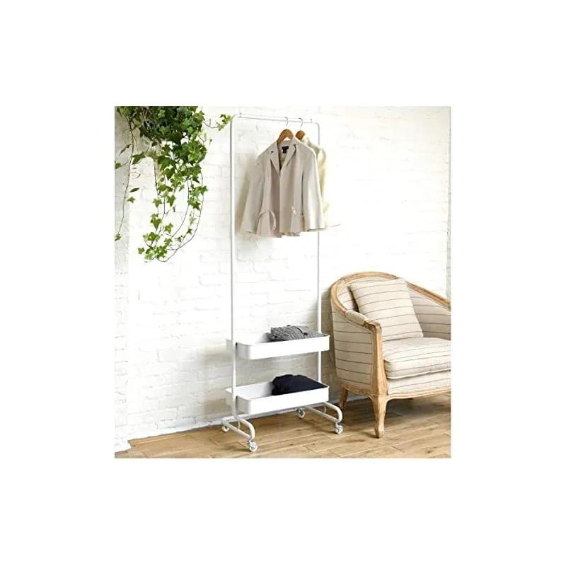 ハンガーラック 衣類収納 トローリーハンガー 幅61.5奥行43高さ137-189cm ハンガー1段 バスケット2段 ストッパー付きキャスター 組立品 ホワイト LTH-2B(WH)