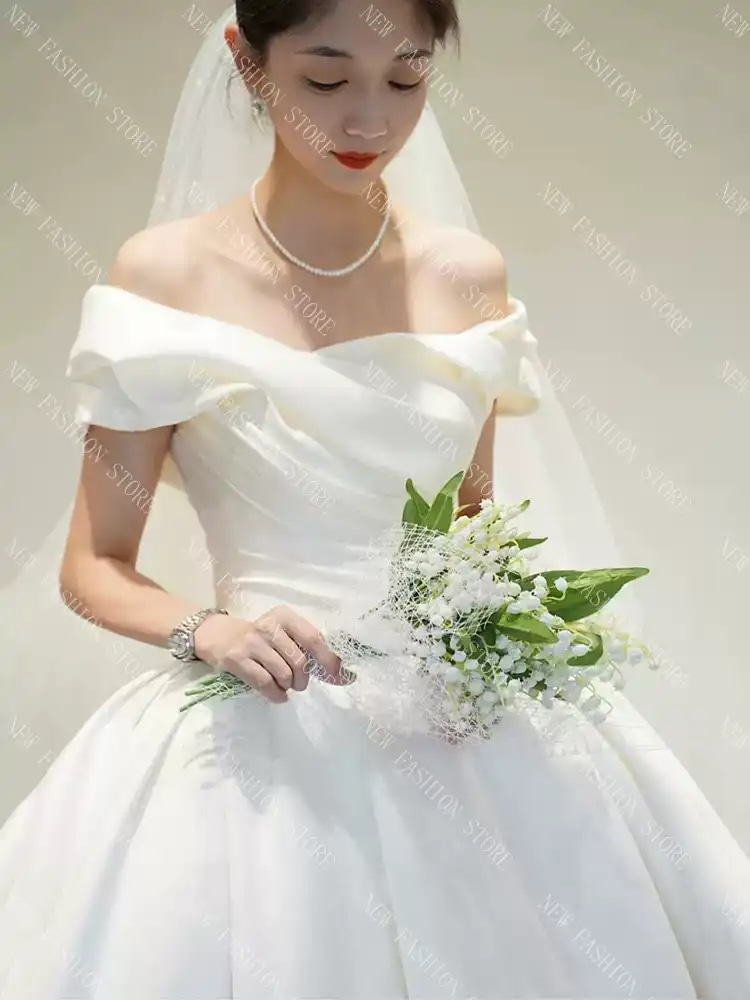 ワンショルダーフレンチウエディングドレス新作ドレス小柄ワンピース-76