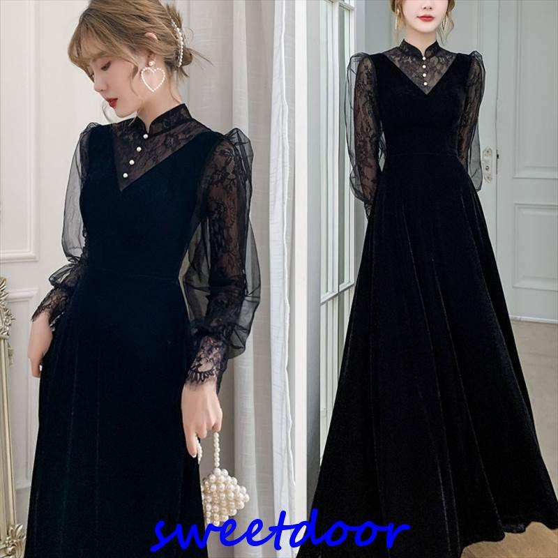 おしゃれロング ドレス パーティードレス 個性的 黒 袖あり 長袖 レース おしゃれ 結婚式 二次会 お呼ばれ フォーマル 演奏会 発表会 大人 かっこいい