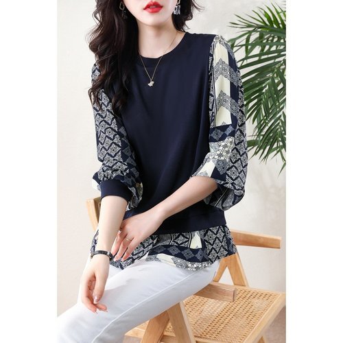 初回 新しいゆったりサイズのファッションブラウス 長袖 レーディスファショントップス ネイビー/2XL-1 4024