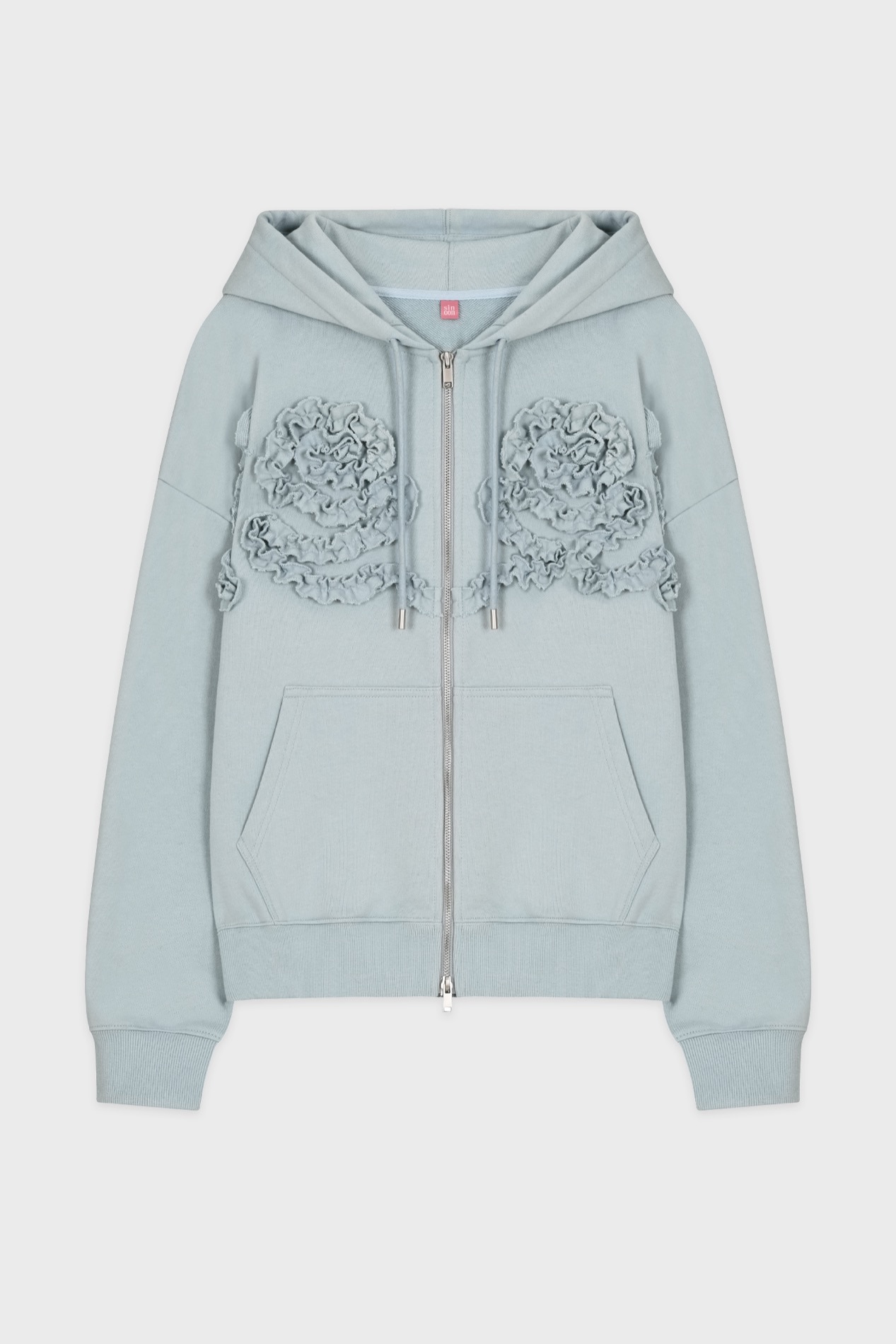 【SINOON】 ROSE FRILL OVERSIZED-FIT HOODED ZIP-UP : BLUE