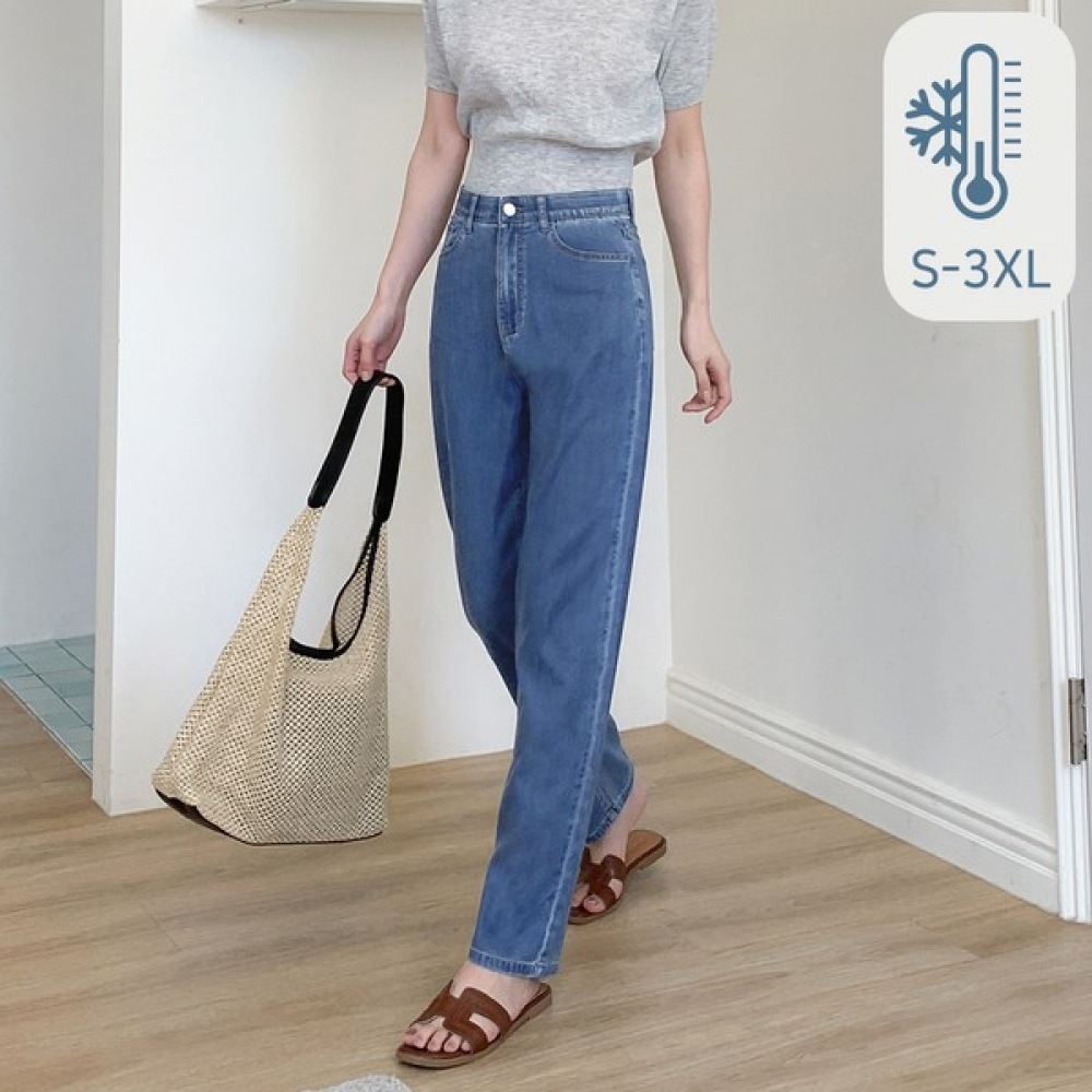 (Jinmania) ニヴェリジンチョンサマーテンセルクーリングロングパンツスパンウエストバンドバギーデニム