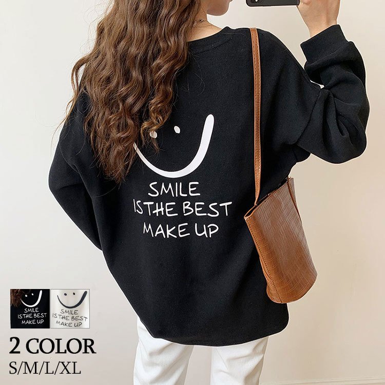 Tシャツ レディース きれいめ 40代 春冬 長袖 Tシャツ 白 笑顔 綿 韓国風 トップス オシャレ カットソー 大きいサイズ カジュアル 20代 30代