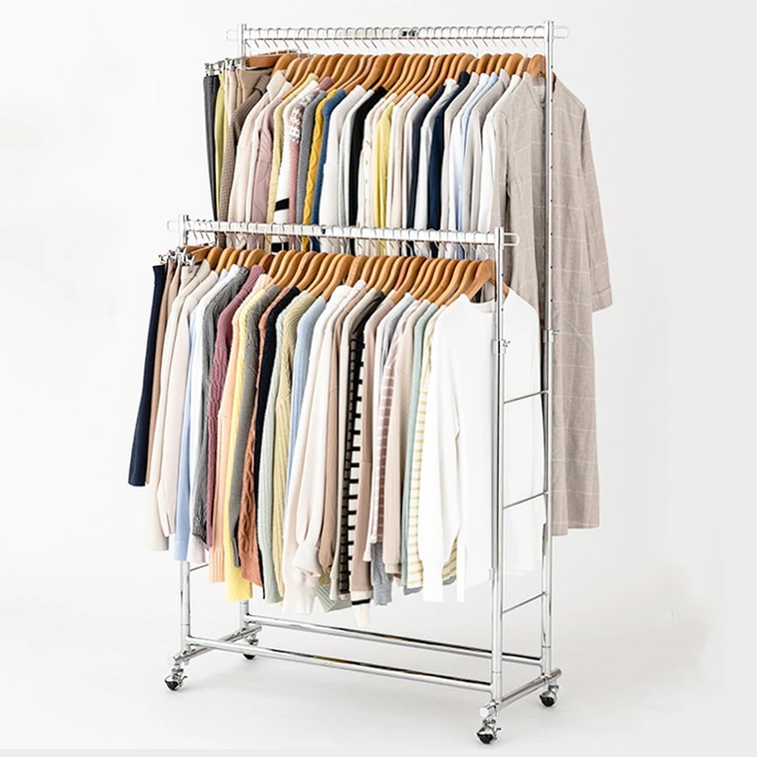 ドウシシャ ハンガーラック 頑丈 ダブル 全体耐荷重150kg 大容量 シルバー パイプハンガー 幅100.5×奥行41.5×高さ108.5~175.5cm 業務用 ロングコート 洋服収納 服掛け 衣