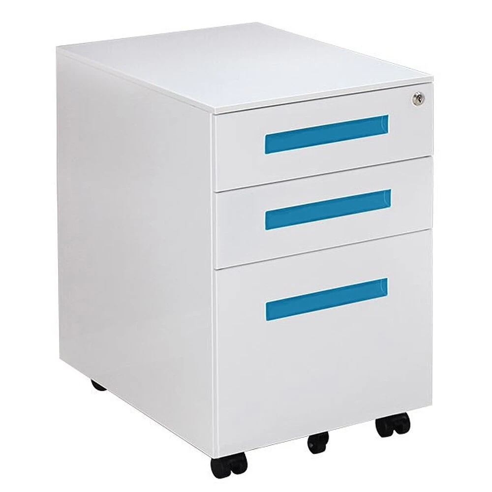 オフィスワゴン（ホワイト+ブルー） ワゴン ファイル オフィス家具 オフィスワゴン 収納 事務机 脇