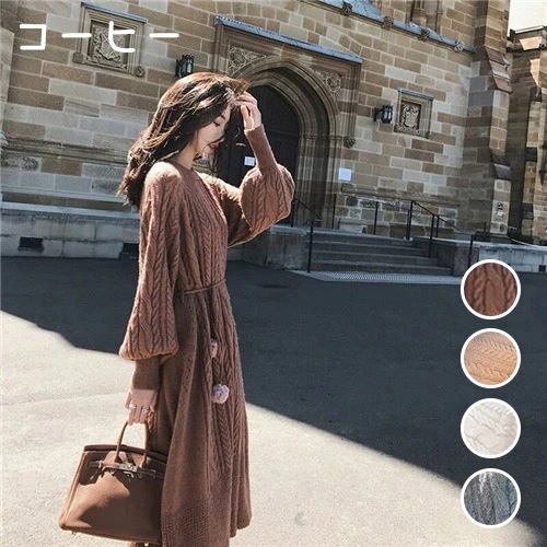 ニットワンピース ロング丈 ワンピース レディース 秋冬 ラウンドネック 長袖 厚手 きれいめ 無地 大きいサイズ Aライン 膝丈 ロングワンピース 体型カバー 上品 大人 洗える 20代 30代 4