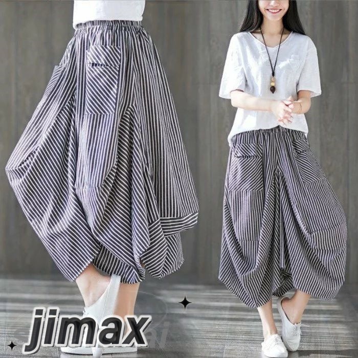 ワイドパンツ パンツスカート レディース 夏 ふんわり スカチョ 綿麻 ガウチョパンツ サルエルパンツ 九分丈 ゆったり 大きいサイズ カジュアル 夏物 不規則 ストライプ パンツスカート ロングパ