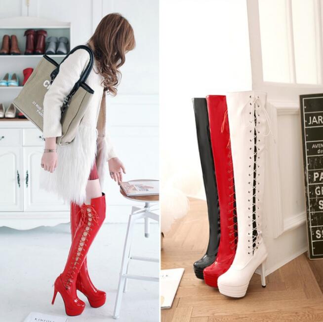 期間限定 レディースブーツ　ニーハイブーツ　エナメル　12センチ　編み上げ　超ハイヒール　光沢　ロング丈　秋冬　春秋　サイハイブーツ　大きいサイズ　小さいサイズ　ピンヒール　スーパーロングブーツ ダン