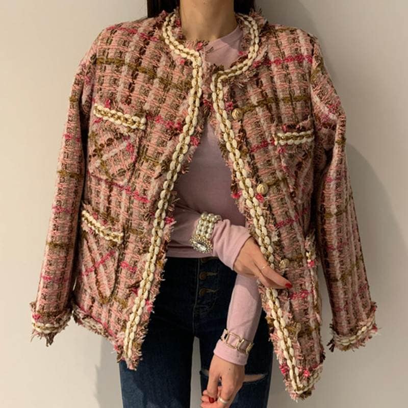 アウター レディース ジャケット ツイードジャケット 長袖 ラウンドネック 襟なし ノーカラージャケット ボタン 前開き 刺繍 チェック ポケット かわいい 大人可愛い きれいめ 大人 上品 おしゃれ