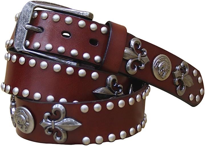 ラクエスト メンズ 革 スタッズ ベルト レザー アンティーク スカル コンチョ ユリ 紋章 レリーフ(ダークレッド)