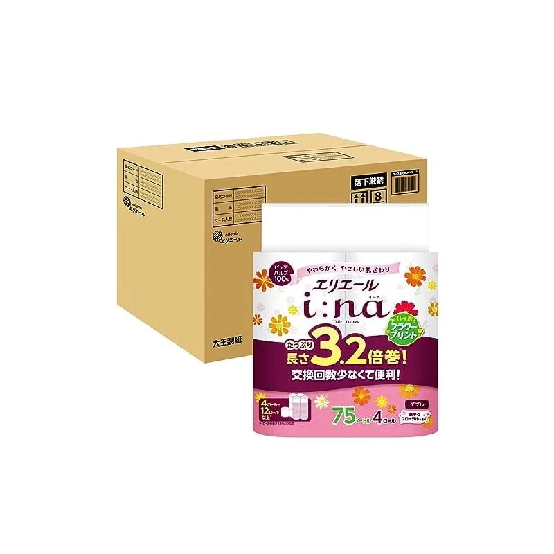 【即納】エリエール トイレットペーパー i:na(イーナ) フラワープリント 3.2倍巻き 75m64ロール(4ロール16パック) ダブル パルプ100% 華やかなフローラルの香り【ケース販売】
