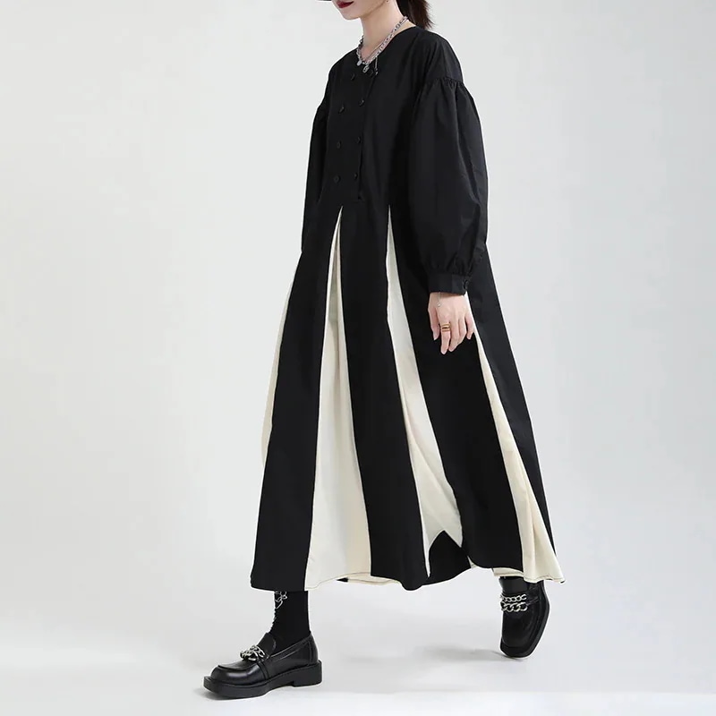 バブル袖 スカート ワンピース 秋 新商品 ブラック ゆったり インナー ロングスカート レディース パッチワーク