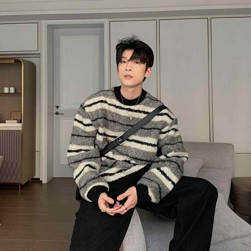 メンズ 男性用 ファッション オシャレ シンプル 大人 かっこいい ストリート 紳士服 厚手 セーター 冬 ストライプ インナー レイ ヤード シャツ 韓国ファッション セーター