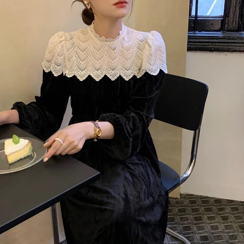 ワンピース レース 切り替え ベルベット Aラインワンピース フレアワンピース ロングワンピース