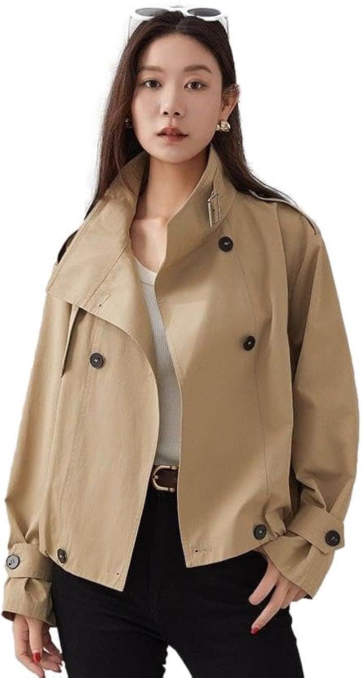 ショートアウター レディース トレンチコート 裏地付き 立ち襟 長袖 裾ゴム エポレット アームベルト ハリ素材 春秋 BB071(オリーブベージュ, XL)