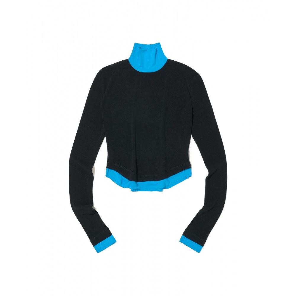 PARTIMENTO 女性用ダブルレイヤーハイネック Tシャツ_ブラック