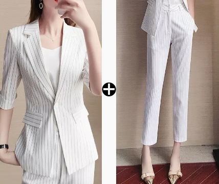 ホワイトストライプ柄入りジャケット＋パンツスーツセット 2点セット ジャケット 長袖 パンツ ロング丈 ブルー スリム タイト 細身 ストレート Iライン スマート レース 爽やか 可愛い 10,588円