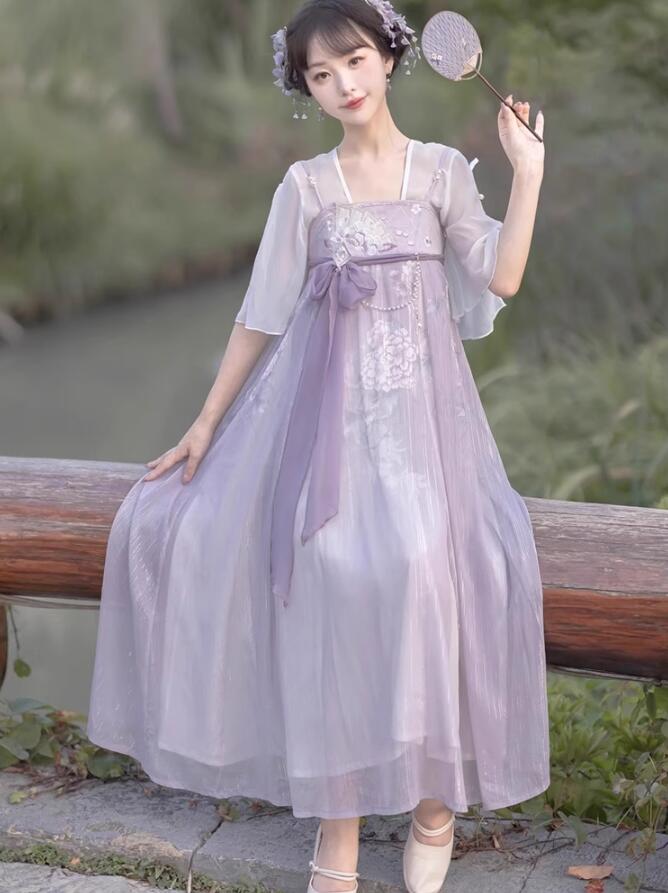 漢服 2点セット 刺繍花柄 改良版漢服 チャイナドレス キャミソール＋羽織 漢元素 コスプレ衣装 古代お嬢様 漢風 ドレス 学園祭 文化祭 撮影衣装 コスチューム 女性 ハロウィン コスプレ 漢服 パ