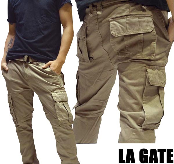 メンズ ミリタリー スリム カーゴパンツ カーキ スキニーパンツ LA GATE