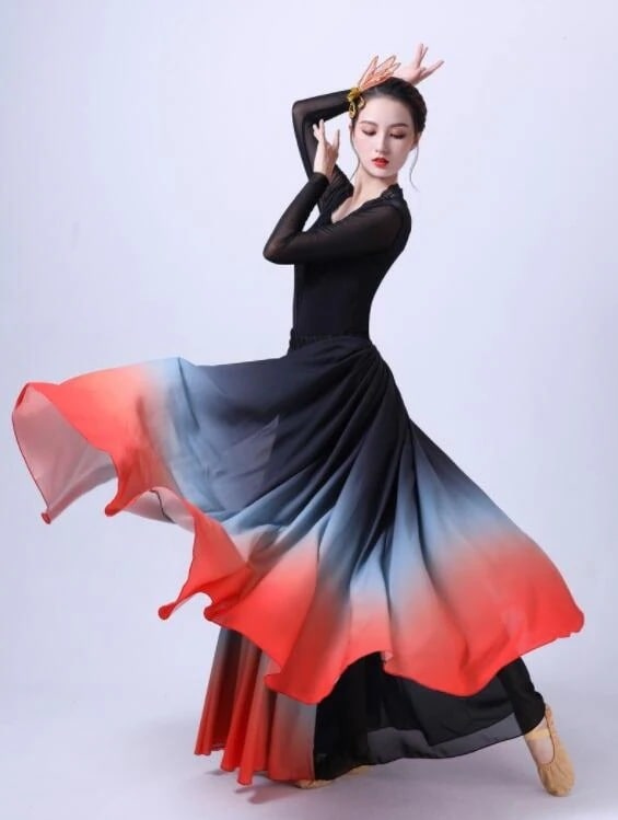 ダンス衣装 スカート ロング丈 広がる 大きい裾 グラデーション スカート 大人 古典舞踊 中華ダンス モダンダンス ラテン ワルツ タンゴ フラメンコ フラダンス 社交ダンス 練習着 レッスン着 シ