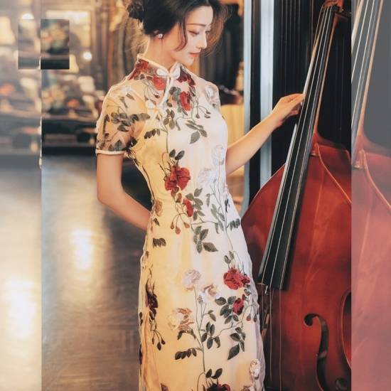 パーティードレス チャイナドレス ミモレ ロング 花柄 レトロ 結婚式 お呼ばれドレス フォーマルドレス 二次会 パーティー ドレス 半袖 花柄 古風 スタンドカラー チャイナ風 スリット セクシー