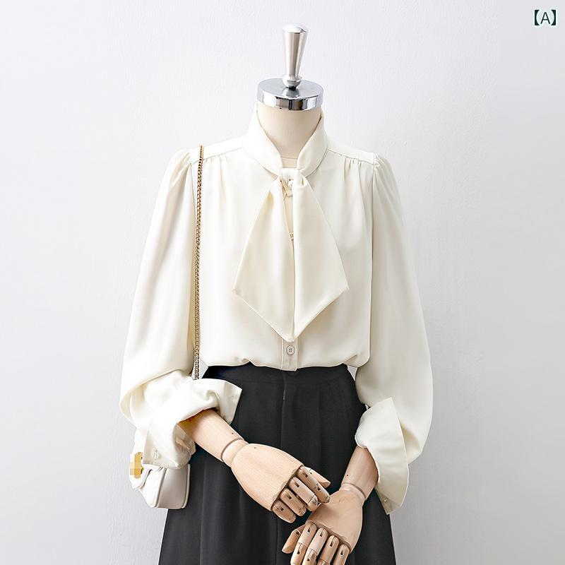レディース トップス ブラウス ボウタイ 上品 通勤 シフォン 長袖 シャツ 春 シンプル カジュアル フェミニン デイリー リボン ハーフハイネック