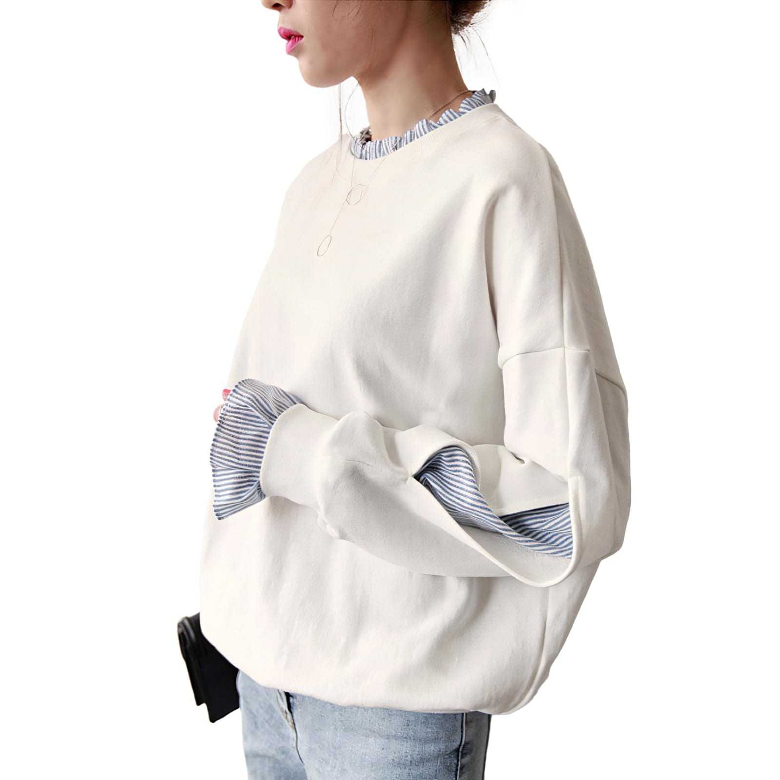 [Ｋａｙｉｙａｓｕ] トップス レディース 重ね着風 長袖 スウェットトレーナー パーカー カジュアル 可愛い ストライプ 着痩せ 普段着 春 秋 M-2XL