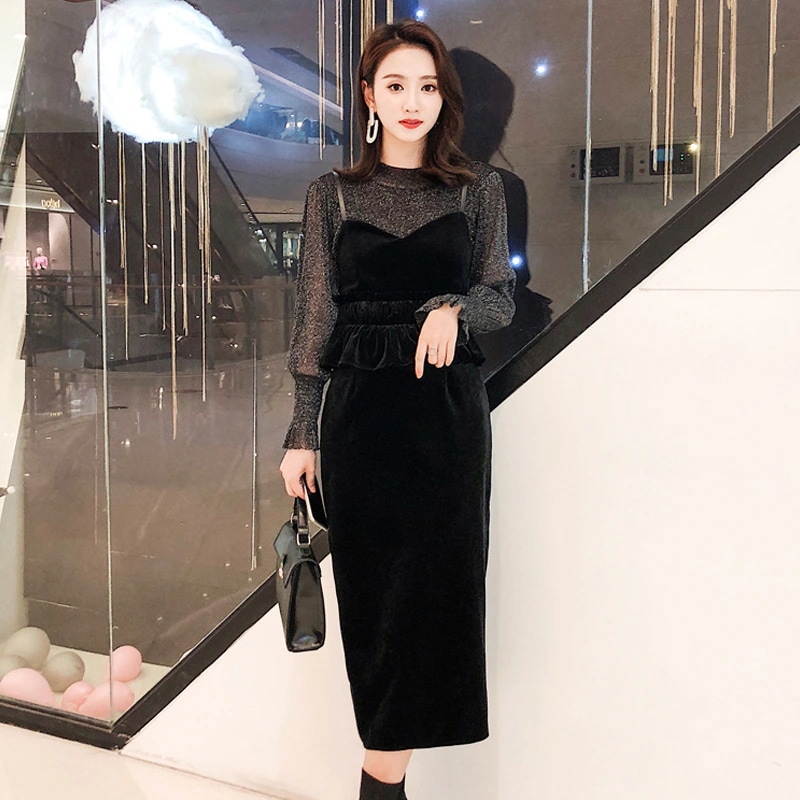 ドレス ミディアム丈 袖あり 長袖 ラウンドネック サスペンダー プルオーバー きれいめ 大人 上品 おしゃれ お洒落 かっこいい レトロ 大人女子 こなれ感 エレガント モダン 主役級 存在感