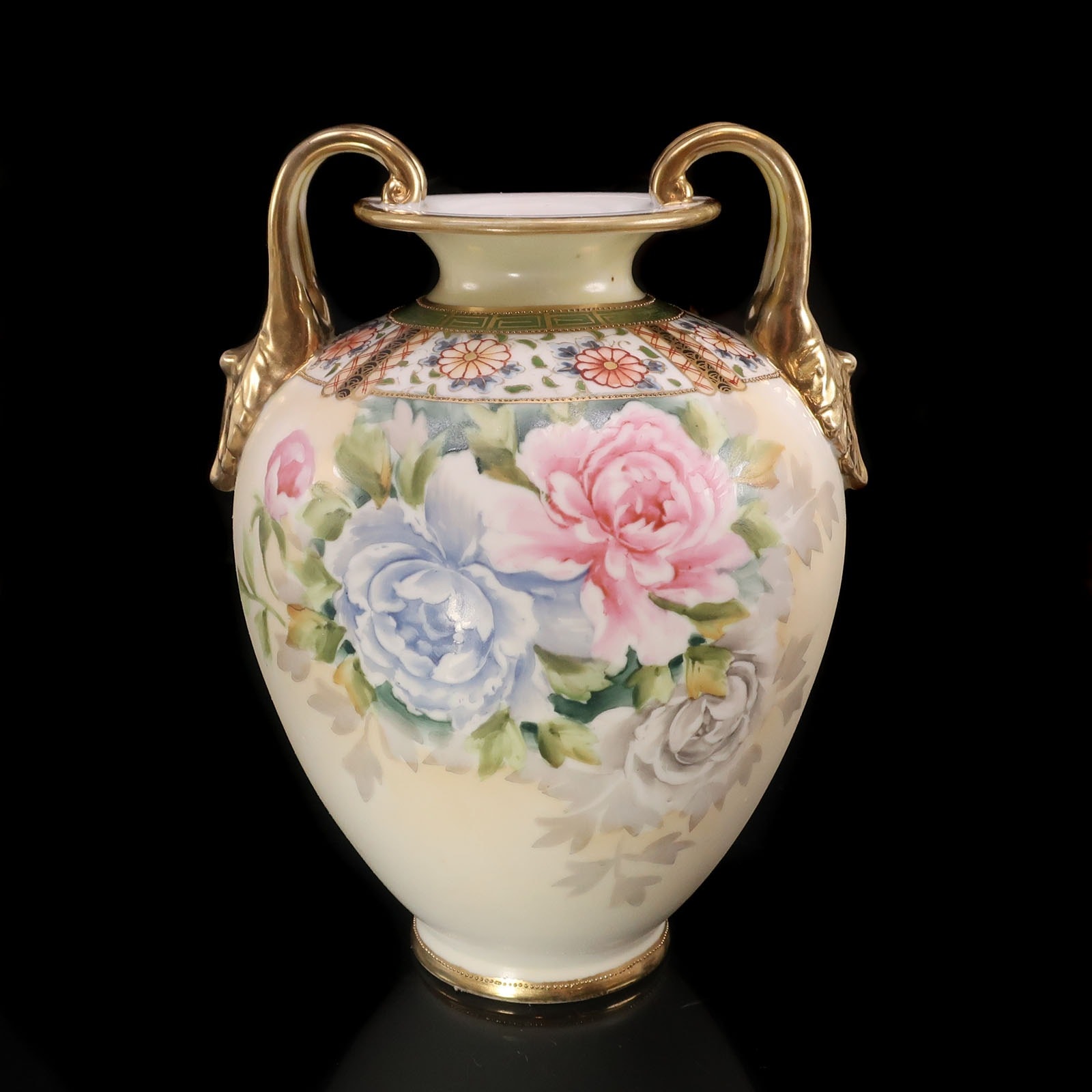 オールドノリタケ 金彩薔薇絵双耳花瓶 M-NIPPON印 1910年頃（ 明治43年頃 ） アメリカ輸出向け 花瓶 陶磁器 _ 中古品 A-ランク