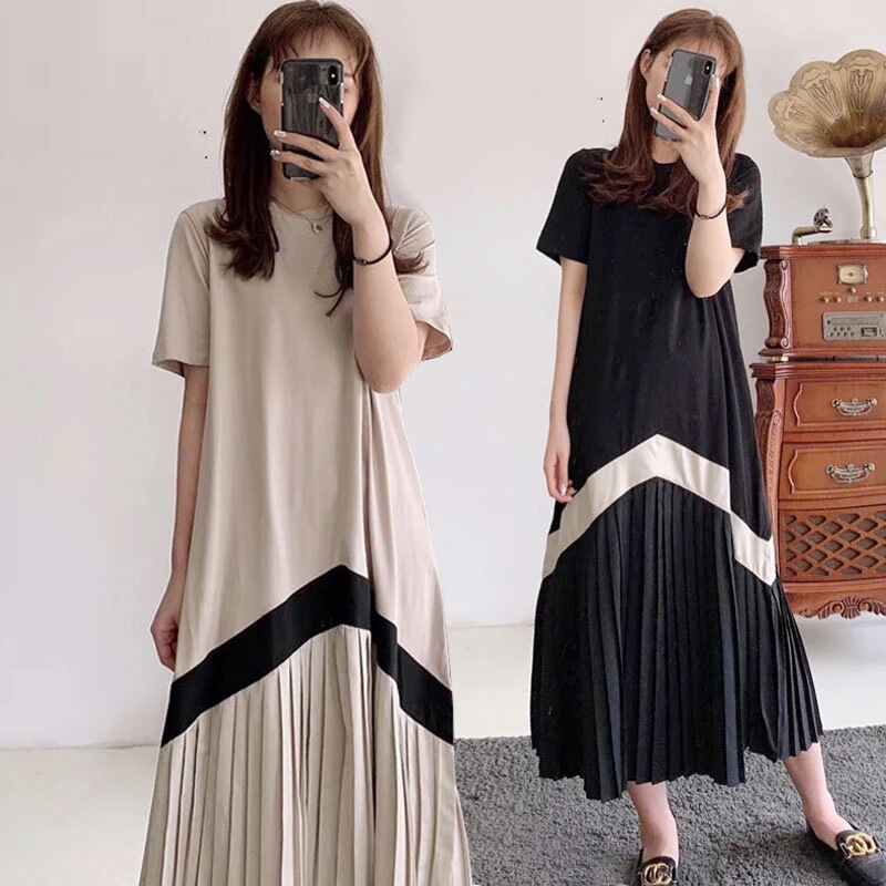 半袖切り替えロングワンピース ワンピース フレアワンピース ロング ロング丈 袖あり 半袖 ラウンドネック フレア 切り替えデザイン プリーツ 綿 かわいい 大人可愛い きれいめ シンプル カジュアル