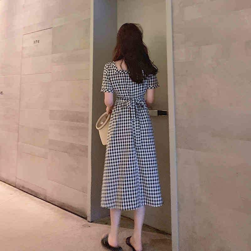 ワンピース レディース 半袖 薄手 スクエアネック ギンガムチェック ボタン ハイウエスト シンプル ミディ丈 ひざ下 リボン 大人 女子 かわいい カジュアル 普段使い お出かけ デート おしゃれ