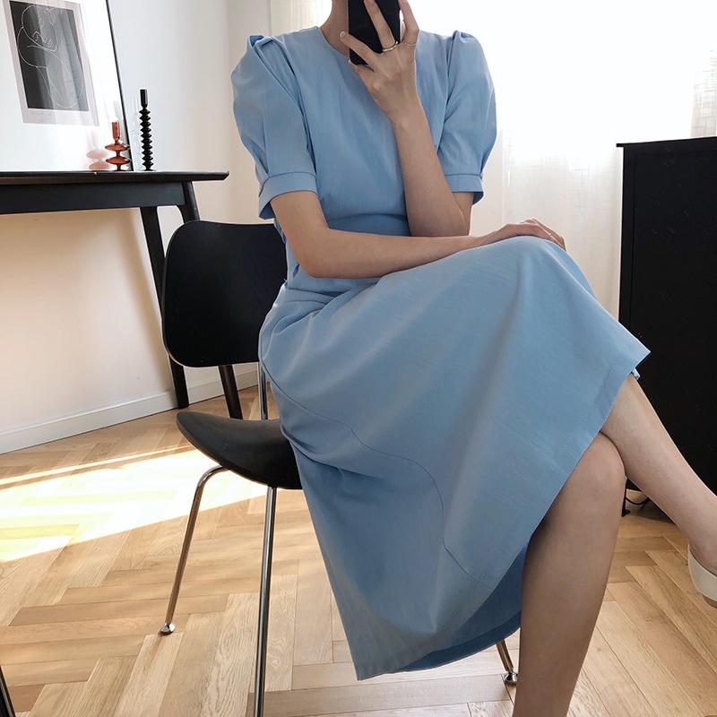 レディース ワンピース フレア 膝下 ロング 半袖 パフスリーブ クルーネック Aライン ウエストマーク ハイウエスト 薄手 かわいい 大人可愛い きれいめ シンプル 上品 おしゃれ こなれ感 個性的