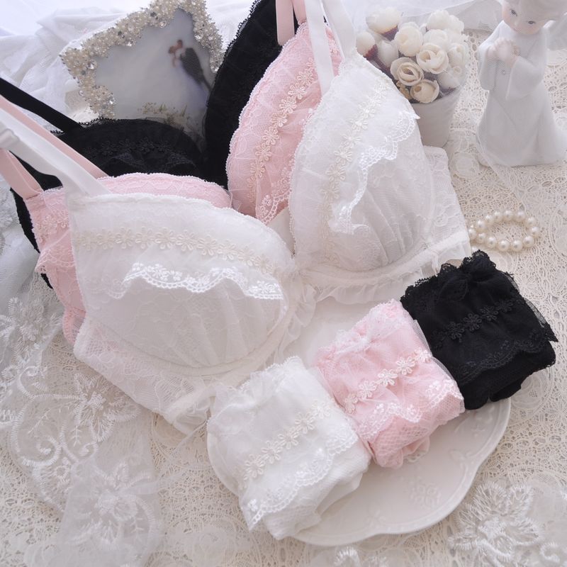 大好評！可愛いセット下着 新調したいナイトブラ 人気ブラジャー の甘い小さな新鮮な深い V 薄カップ下着くり抜き花刺繍ブラセット大きいサイズ A ～ F カップ