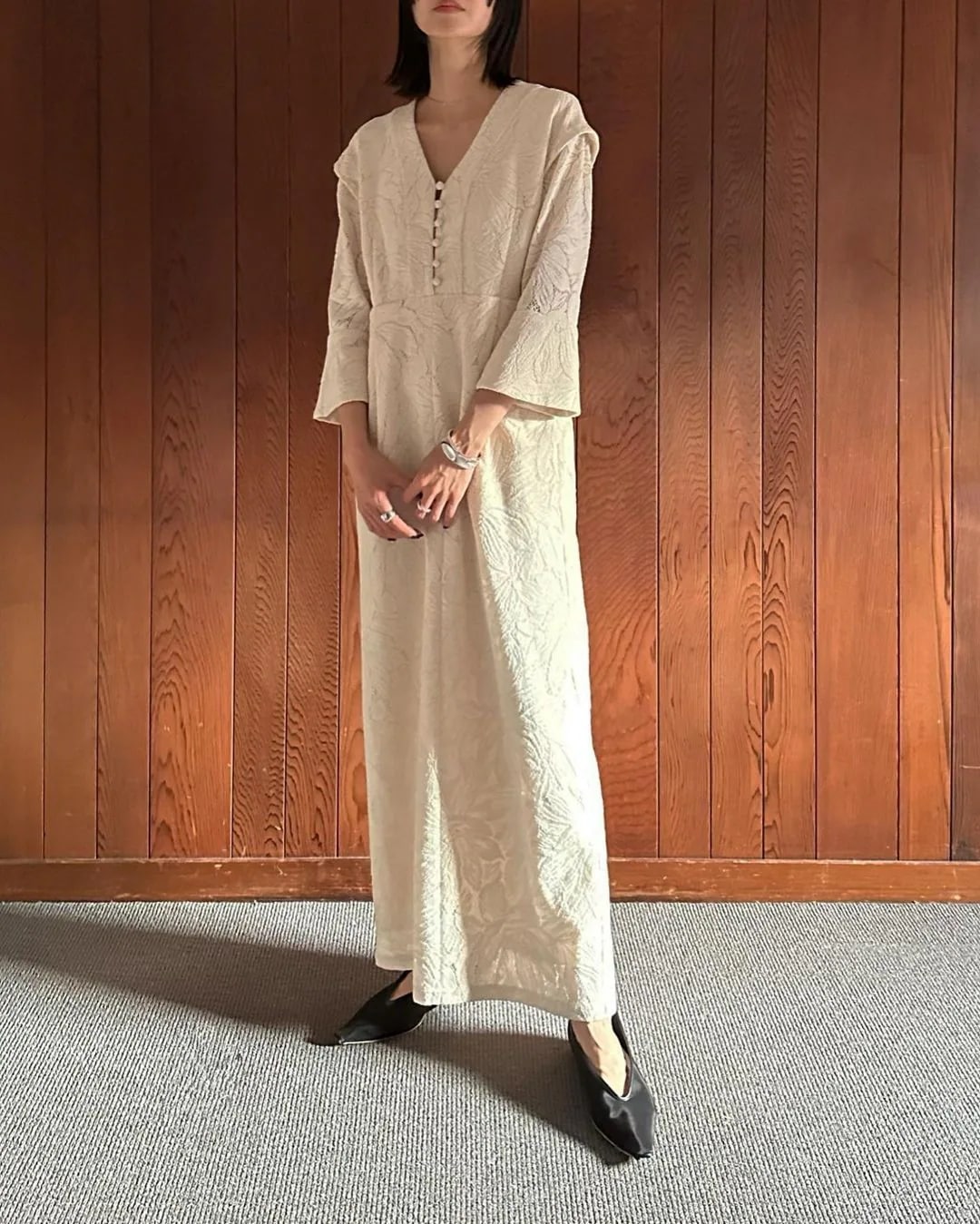 新型日本文芸気質風レースワンピースハイウエストで着痩せゆったりロングスカート女