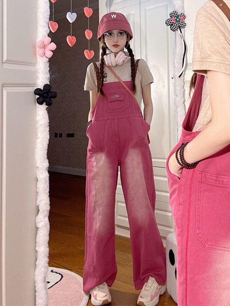 50個デニムオーバーオール アメリカンスタイル レトロ ピンク ブルー ストレートレッグ 2025 新作 レディース ゆったり 齢を軽減 ニッチデザイン モップパンツ
