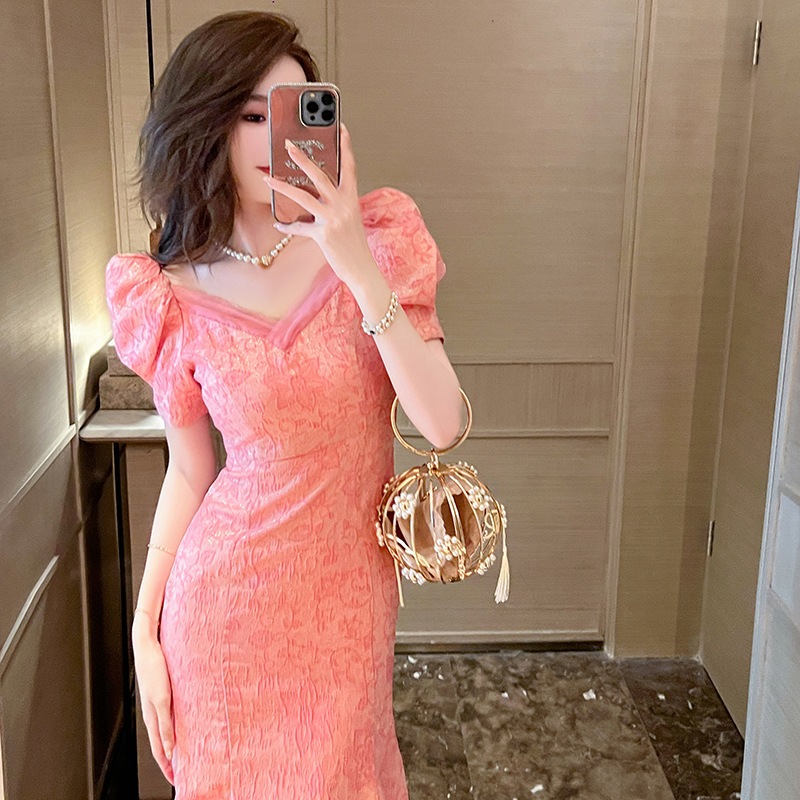 夏 ドレス フレンチ vネック 可愛い キュート 人気 ウエスト引き締め パーティードレス レディース