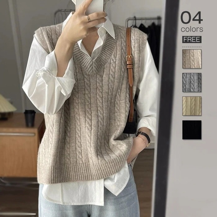 ベスト ニットベスト レディース 秋冬 Vネック ケーブル編み 重ね着トップス プルオーバー