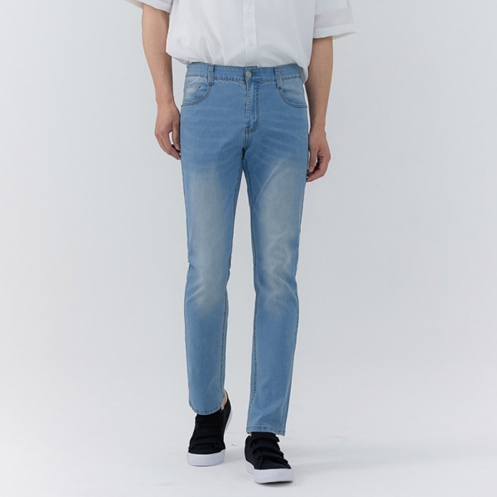 (ジンマニア) ベント付きメンズストレートスパン隠しバンディングライトブルージーンズ